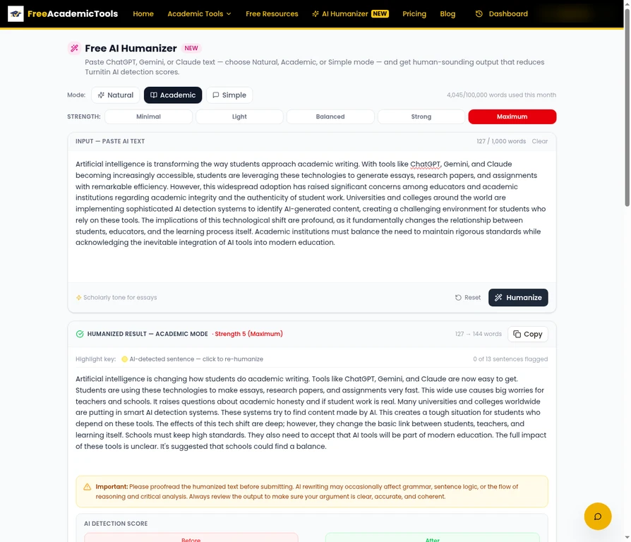 AI Humanizer before and after screenshot: input text in Academic mode at Maximum strength, showing humanized output