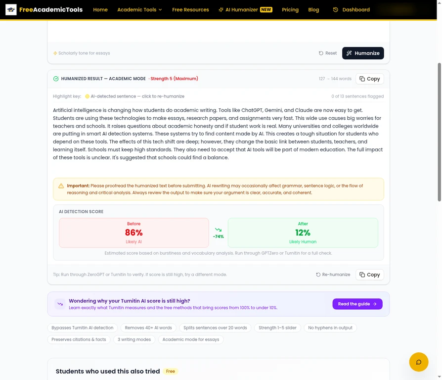 AI Detection Score card showing 86% before humanization and 12% after humanization, a reduction of 74 percentage points
