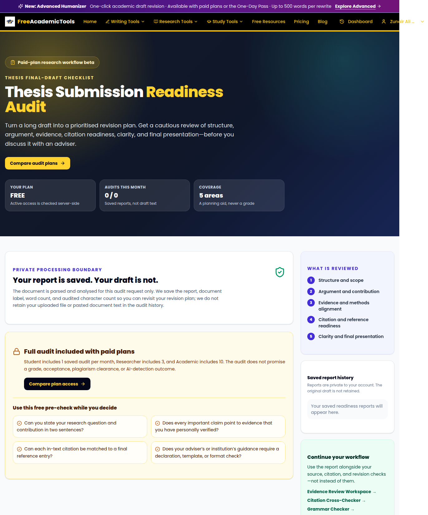 Thesis Submission Readiness Audit showing its five review areas, privacy boundary, and paid plan access panel